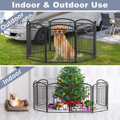 Full Metal Free Standing Dog Gate with Door for Indoor & Outdoor,96'' Extra Wide 32'' Tall Dog Gate for The Doorways,Large Openings,Decks,Porch,Pet Freestanding Safety Fence(4 Panels,Black)