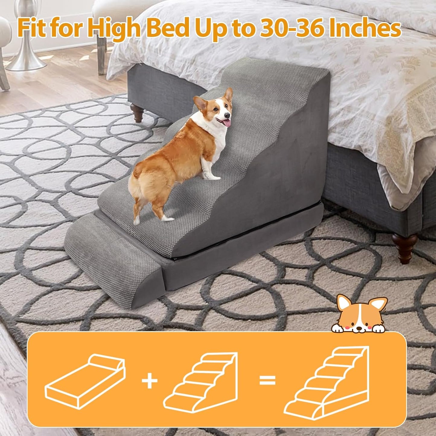 A.FATI Dog Stairs 30 Inches High for 30-36 Inch High Bed, 6-Tier 3-in-1 Foam Pet Steps with Non-Slip Bottom, Detachable Washable Cover, Dog Ramp for Small Old Short-Legged Dogs Up to 50 Lbs