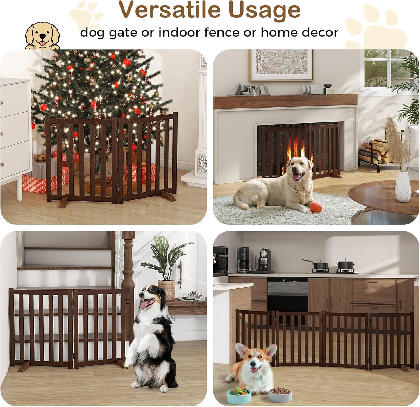 36" Height Extra Tall Freestanding Pet Gate, Solid Wood Folding Safety Fence Wooden Dog Gate with 2 PCs Support Feet Ideal for Stairs, Doorways, Halls, Kitchens, Heavy Duty Gates, 3 Panels, Oak