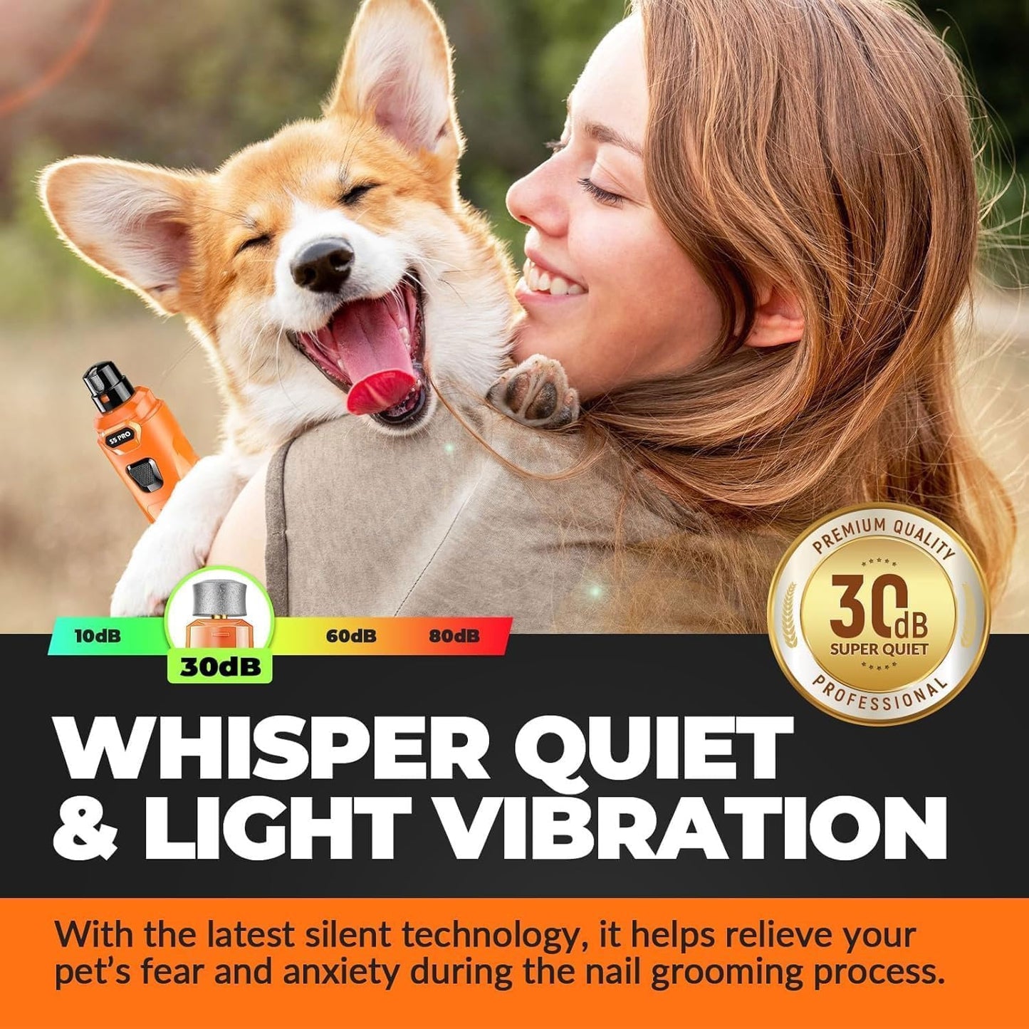 Whisper Quiet Dog Nail Grinder with 4 LED Lights, Safe & Stress-Free for Sensitive Dogs Cats of All Breeds & Sizes, 3 Grinding Bits, 3-Speed, Pet Nail Trimmers, Rechargeable Painless Grooming Kit