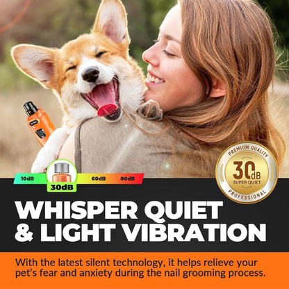 Whisper Quiet Dog Nail Grinder with 4 LED Lights, Safe & Stress-Free for Sensitive Dogs Cats of All Breeds & Sizes, 3 Grinding Bits, 3-Speed, Pet Nail Trimmers, Rechargeable Painless Grooming Kit