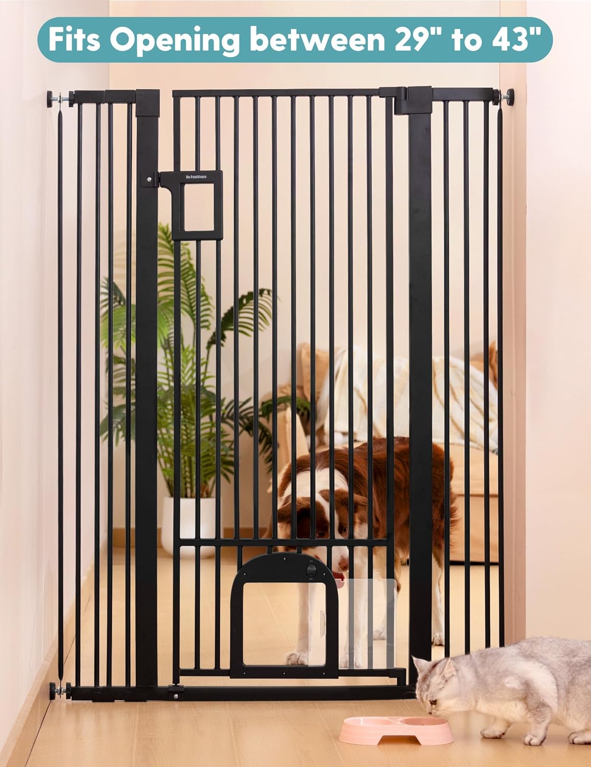 No Pawblems 55" Extra Tall Pet Gate for Cat/Dog, 29-40" Wide Auto Close Tall Dog Gate for Doorways/Hallways, 1.37" Ultra Narrow Spacing, NO Drilling Pressure Mounted, Black