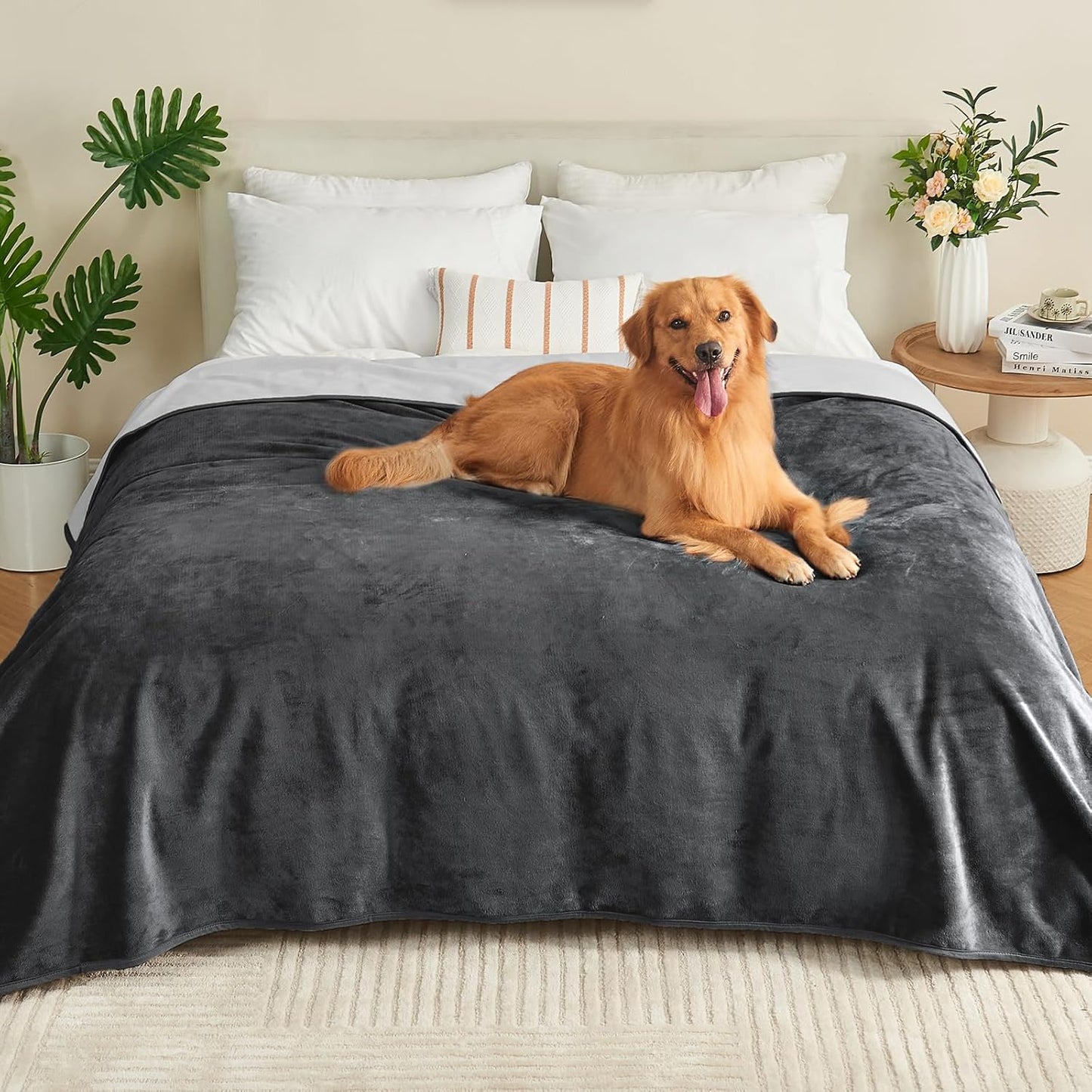 Waterproof Blanket 60"x80" for Adults, Reversible Waterproof Bed Cover for Dogs Cats Pets, Soft Leakproof Blanket for Bed Couch Sofa Furniture Protector, Dusty Pink/Off White
