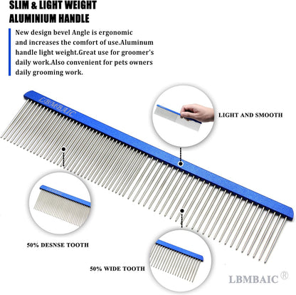 Metal Dog Grooming Comb for Shedding Tangles,Knots,Mats.Dog Combs With Long Wide Tooth for Long Thick Curly Hair Metal Pet Comb for Poodles and Goldendoodles Dematting.7.5INCHES.(Blue)