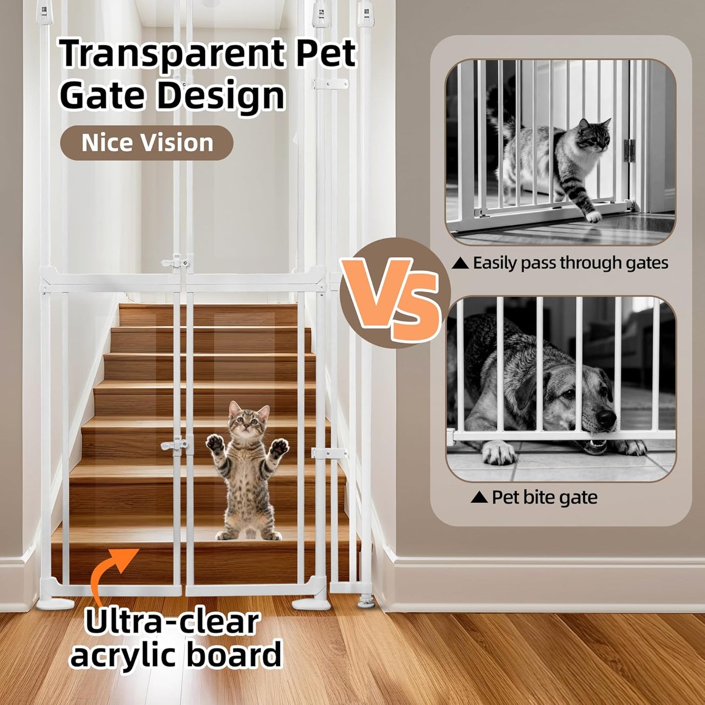 NiceTCU 74.80-98.43'' Extra Tall Cat Gate, Adjustable 33.86-41.34" Wide, Transparent Full Door Pet Gate, Auto Close No Drilling Cat Proof Safety Gate for Doorway Stairs- White