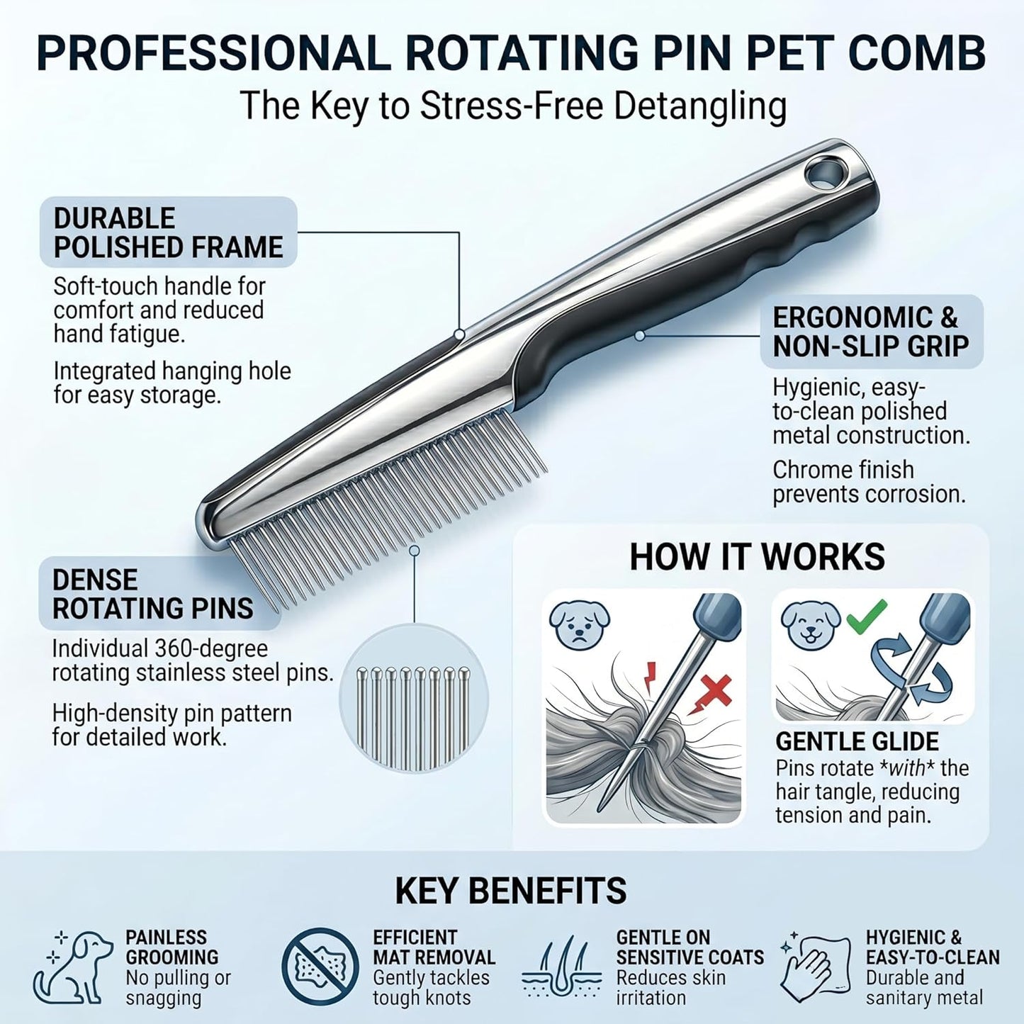 Resco Pet Products Rotating Tooth Comb - Professional Detangling & Dematting Grooming Comb for Dogs and Cats, Prevents Hair Pulling