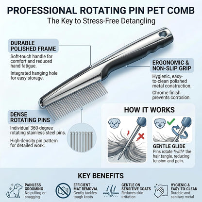 Resco Pet Products Rotating Tooth Comb - Professional Detangling & Dematting Grooming Comb for Dogs and Cats, Prevents Hair Pulling