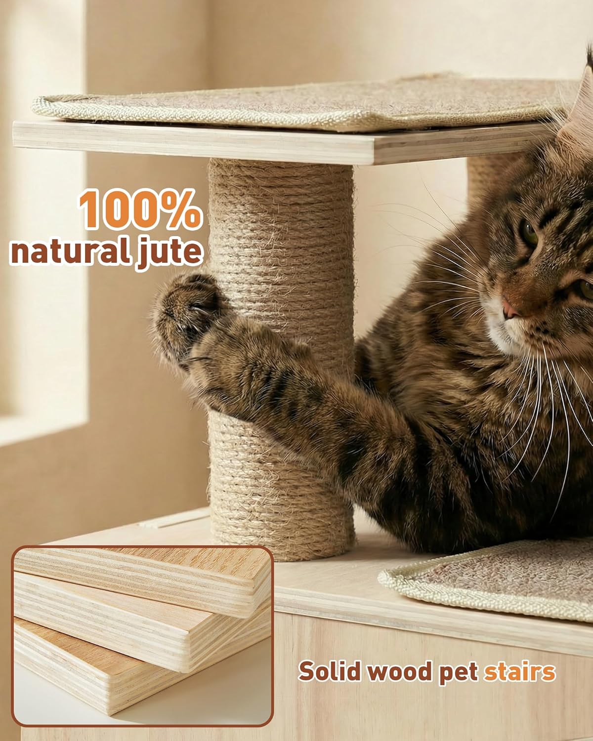 3-in-1 Pet Stairs for Cats, 7.87" Depth Pet Steps for Cat, Wood Cat Stairs for High Bed and Sofa, 1 Condo Cave, Scratching Post, Sturdy Indoor Pet Stairs with Non-Slip Carpet Pads