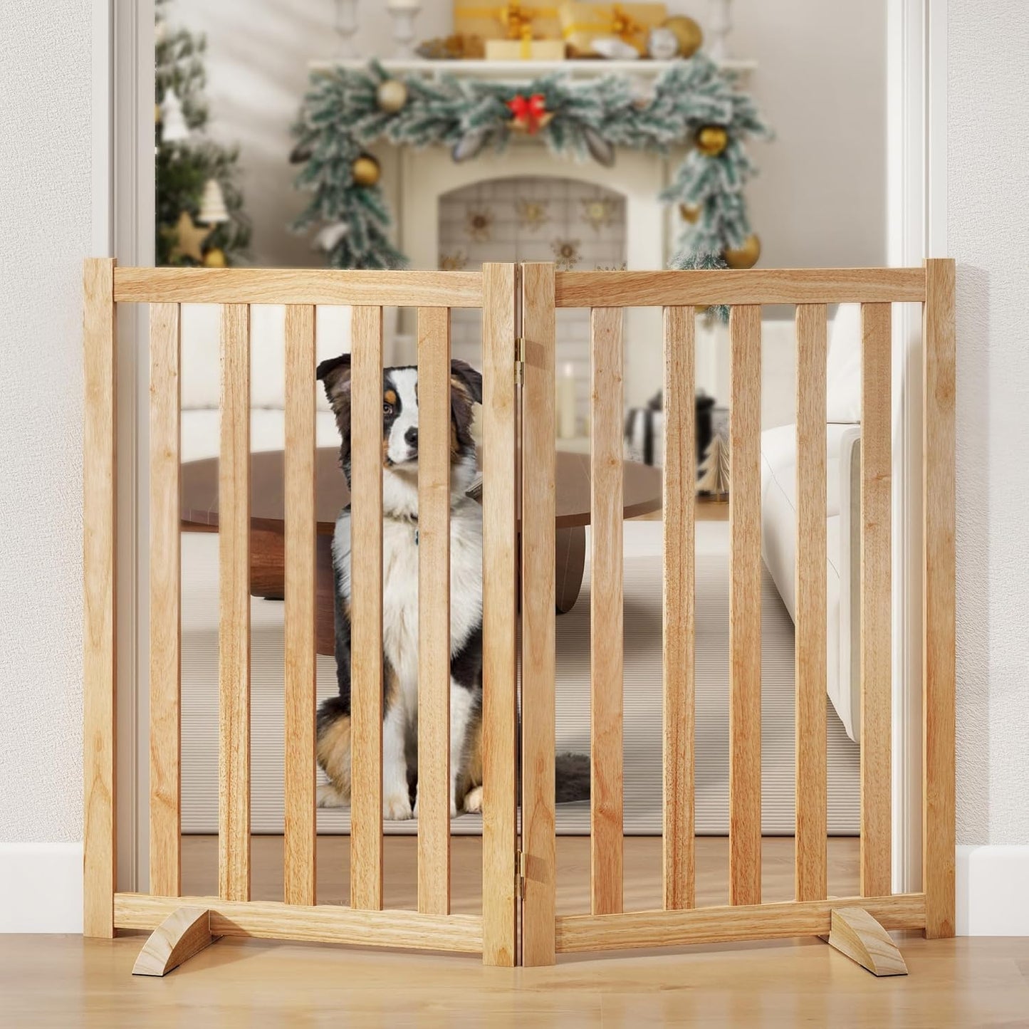 36" Height Extra Tall Freestanding Pet Gate, Solid Wood Folding Safety Fence Wooden Dog Gate with 2 PCs Support Feet Ideal for Stairs, Doorways, Halls, Kitchens, Heavy Duty Gates, 3 Panels, Oak