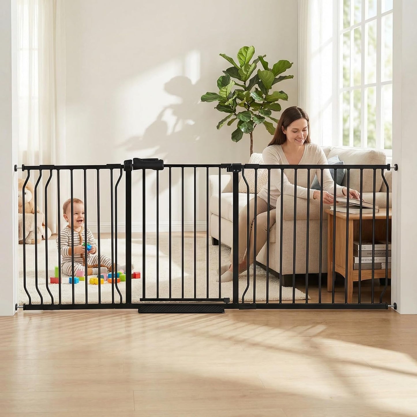 Extra Wide Baby Gate Tension Indoor Safety Gates Black Metal Large Pressure Mounted Pet Gate Walk Through Long Safety Dog Gate for The House Doorways Stairs (62.2"-66.93"/158-170CM, Black)