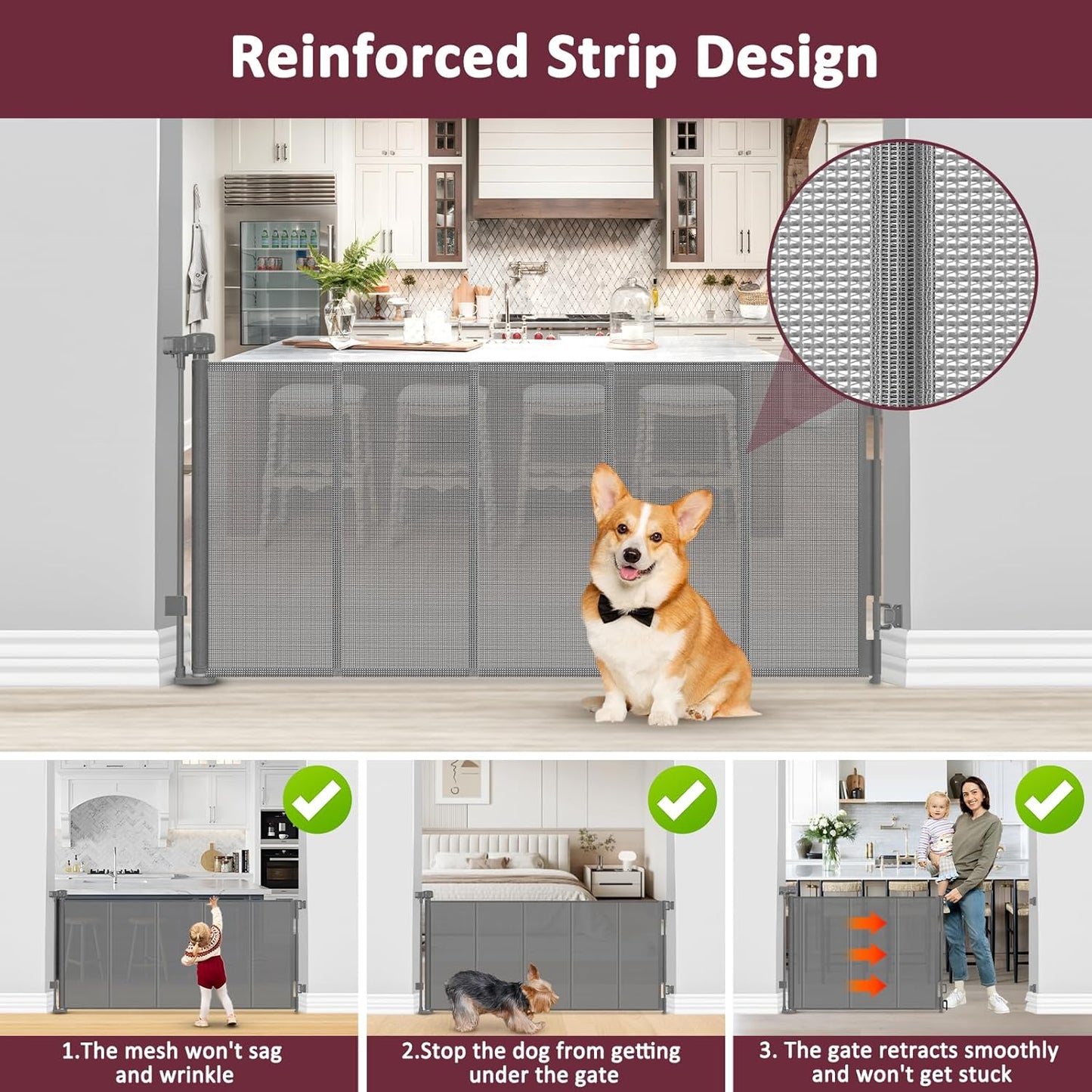 26 Inch Tall Step Over Retractable Dog Gate with Reinforced Bars 55" Wide Small Puppy Gates for The House Short Retractable Baby Gates for Doorway Mesh Dog Gate Indoor Doggie Gate Retractable Pet Gate