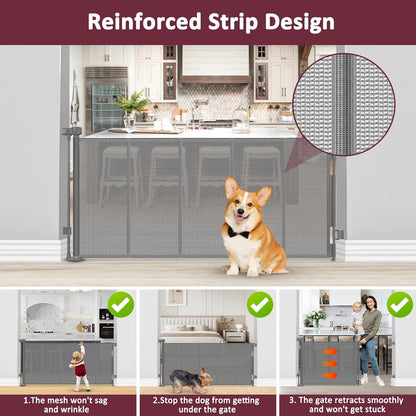 26 Inch Tall Step Over Retractable Dog Gate with Reinforced Bars 55" Wide Small Puppy Gates for The House Short Retractable Baby Gates for Doorway Mesh Dog Gate Indoor Doggie Gate Retractable Pet Gate