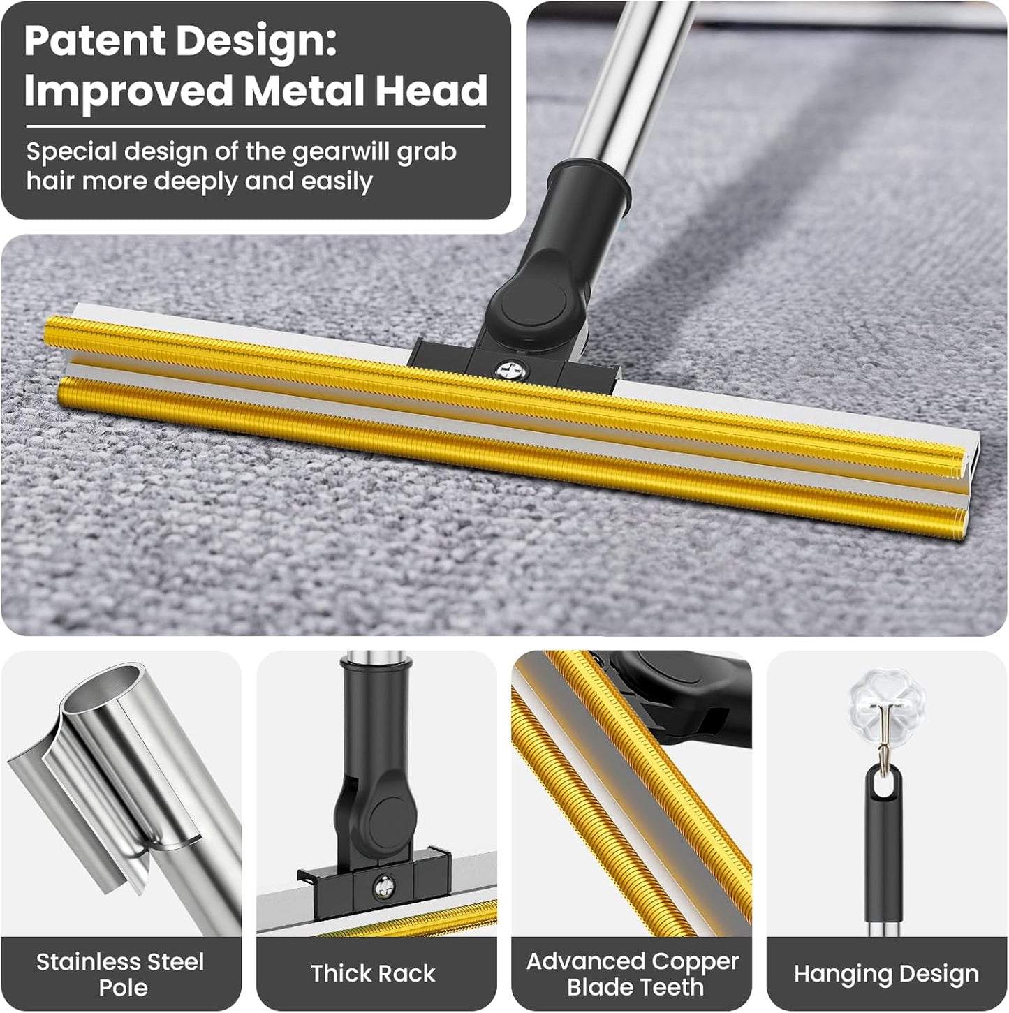 3 in 1 Carpet Rake for Pet Hair Removal, Tool Set of 3, 55” Long Handle Carpet Pet Hair Removal Carpet Scraper Dog Cat Hair Remover for Sofa, Couch, Car, Rug