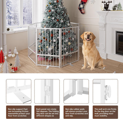 4 Panels Full Metal Freestanding Dog Gates with Door, 80” W x 32” H Folding Pet Gate Fence with Support Feet for Indoor,Stairs, Hallways and Doorways(Black)