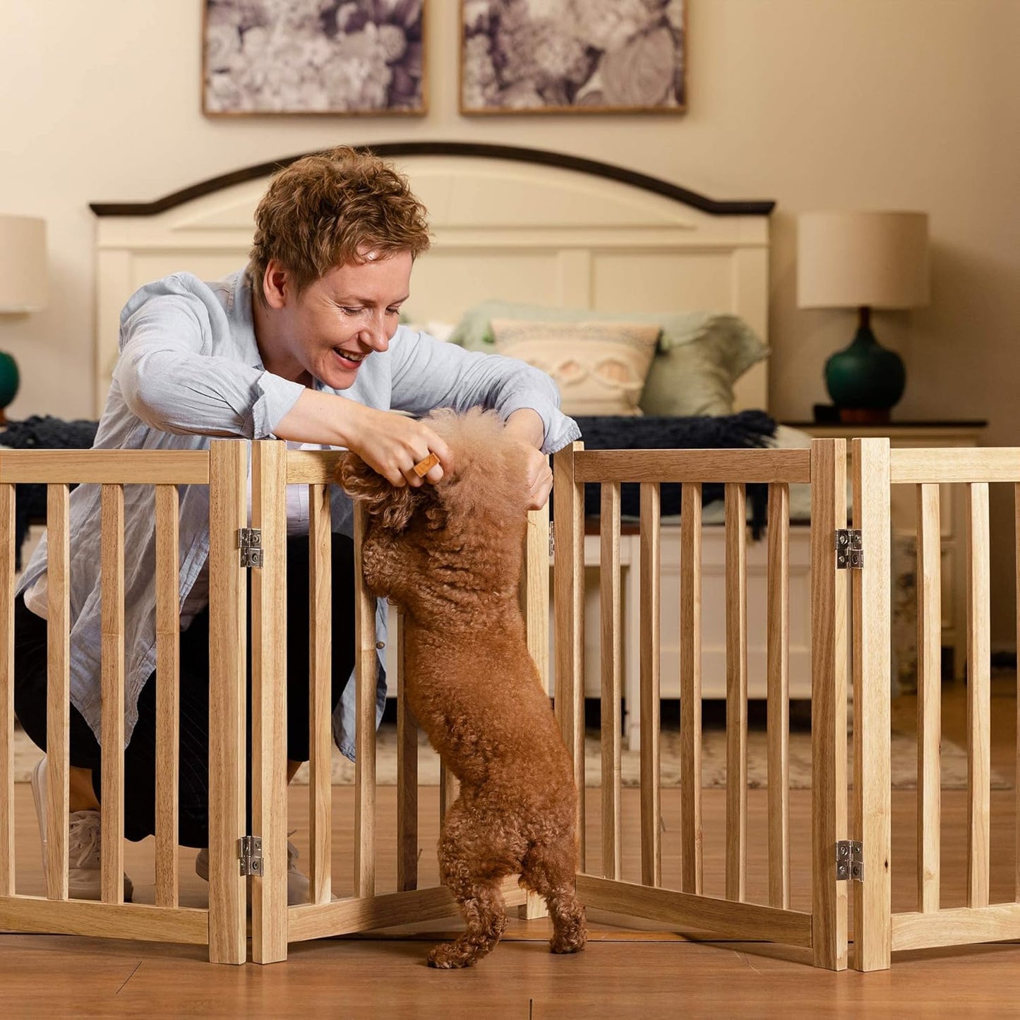 LZRS 2-Panel Wooden Free Standing Foldable Dog Gate Indoor – Solid Hardwood 24" High, Step-Over Safety Pet Gate for Doorways, Stairs & Small Spaces - Indoor Use, White