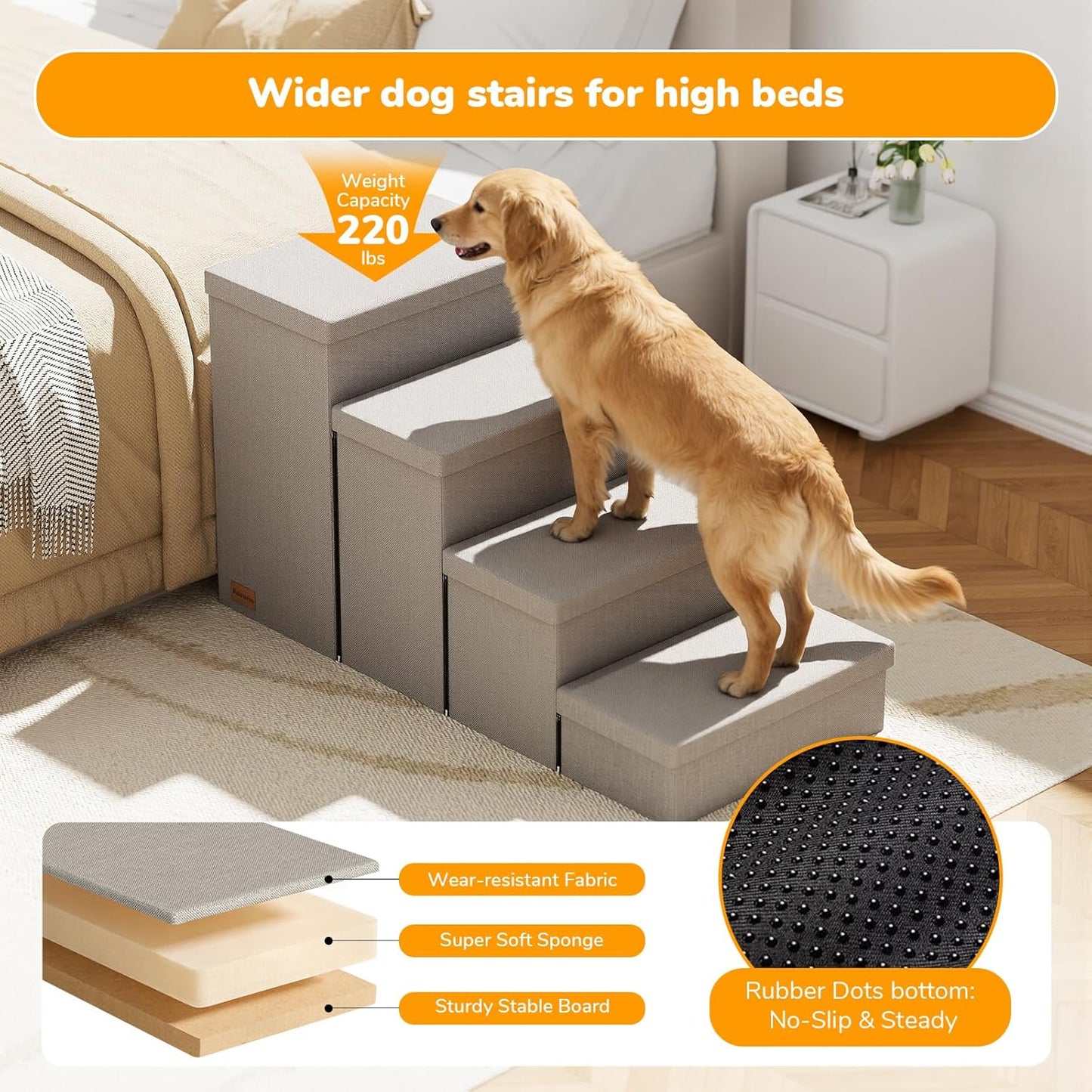 3-Step Wide Dog Stairs with Hidden Storage 18" H, Non-Slip Dog Steps for High Bed Couch Window Car, Jiont-Friendly Pet Stairs Ramp for Small/Medium/Large Old Dogs Cats Up to 200lbs, Grey