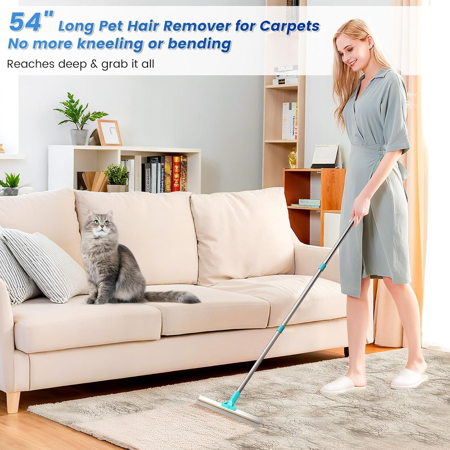 3-Pack Pet Hair Remover Tools, Carpet Rake for Pet Hair Removal, Long Handle Double-Sided Carpet Fur Removal Lint Scraper Brush Dog Cat Hair Remover for Sofa, Couch, Rug, Stairs, Clothes, Blue