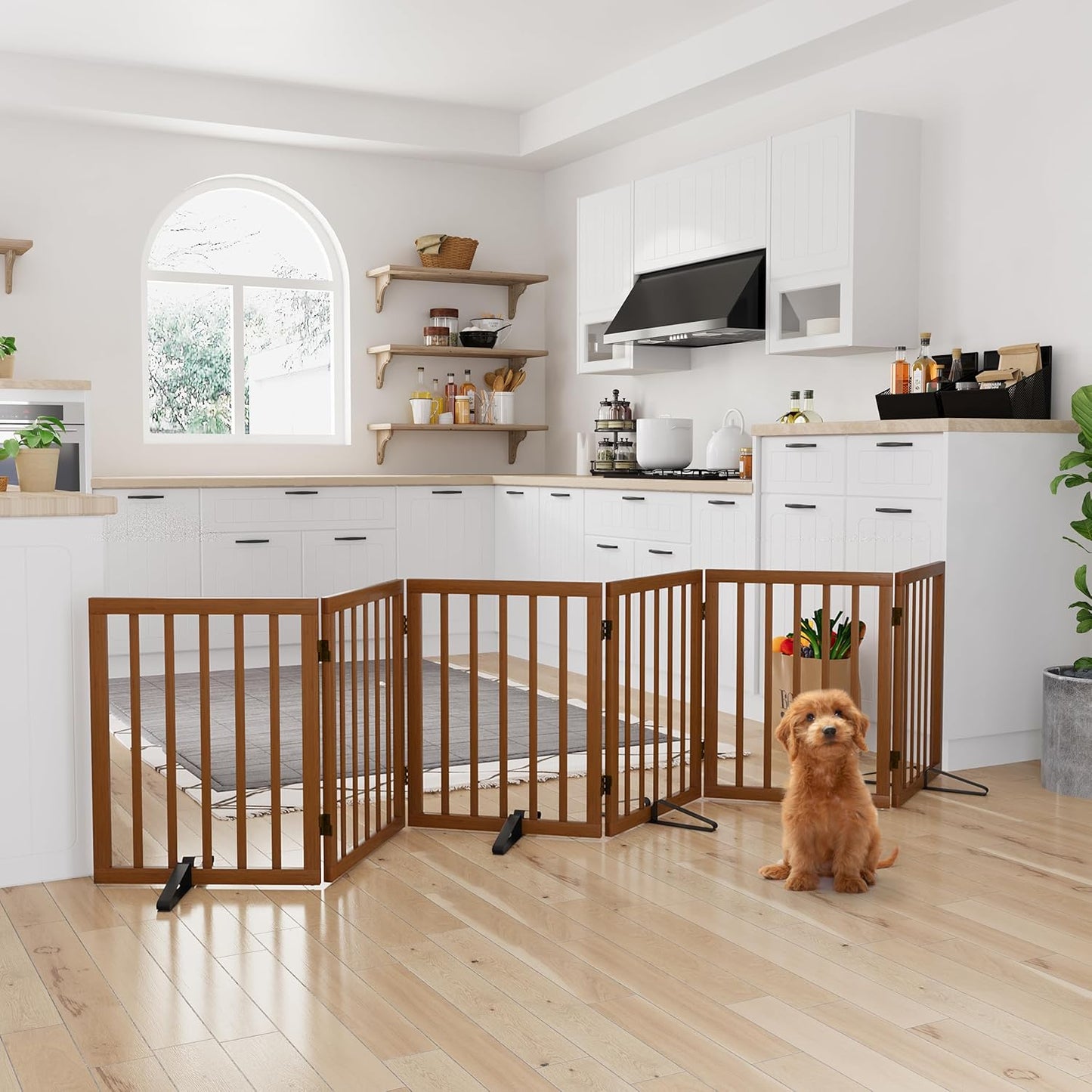 Freestanding Dog Gates Indoor, 3-Panel Pet Gates with 2 Metal Stands and 360° Hinge, 24" H Foldable Dog Gate for Stairs, Doorway, Kitchen, Expands Up to 55" Fully Assembled - Black Walnut