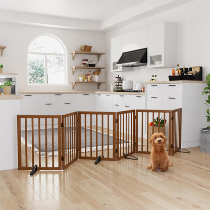 Freestanding Dog Gates Indoor, 3-Panel Pet Gates with 2 Metal Stands and 360° Hinge, 24" H Foldable Dog Gate for Stairs, Doorway, Kitchen, Expands Up to 55" Fully Assembled - Black Walnut