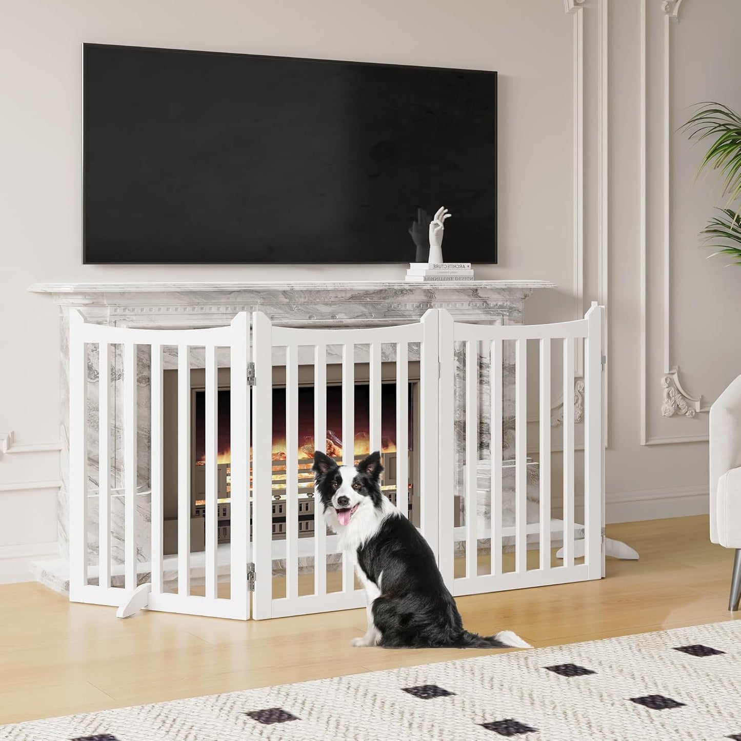 Topeakmart Dog Fence Indoor 36" Tall 4-Panels Wooden Foldable Dog Gate for Pets with 2 Support Feet Freestanding Pet Barrier for Doorways, Porch, Stairs, Kitchen White 79.5" L × 36" H