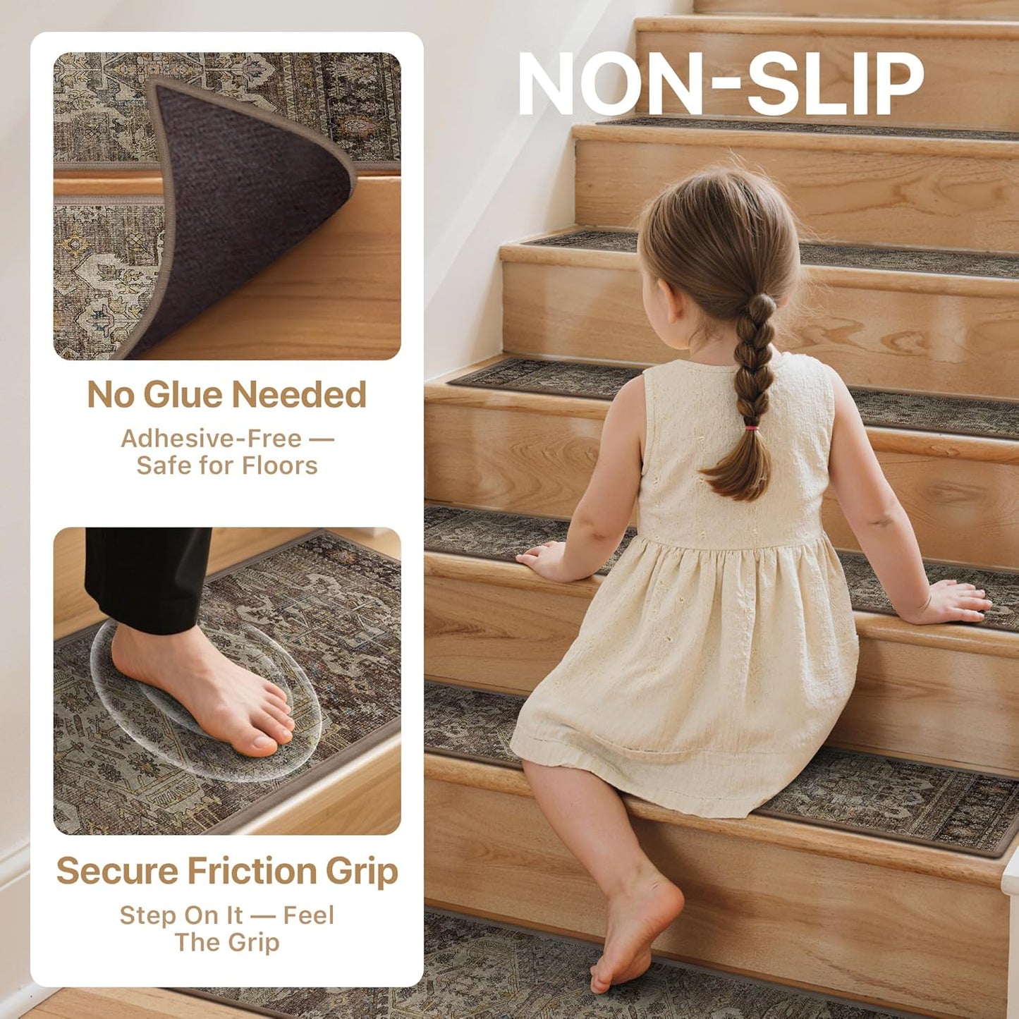 sarben Non Slip Stair Treads for Wooden Steps 15PCS - 8"x30" Indoor Safety Carpet, Edging Mats with TPE Adhesive Backing, Pet and Elderly Friendly Stair Rugs (Taupe) - Colors B