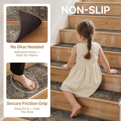 sarben Non Slip Stair Treads for Wooden Steps 15PCS - 8"x30" Indoor Safety Carpet, Edging Mats with TPE Adhesive Backing, Pet and Elderly Friendly Stair Rugs (Taupe) - Colors B