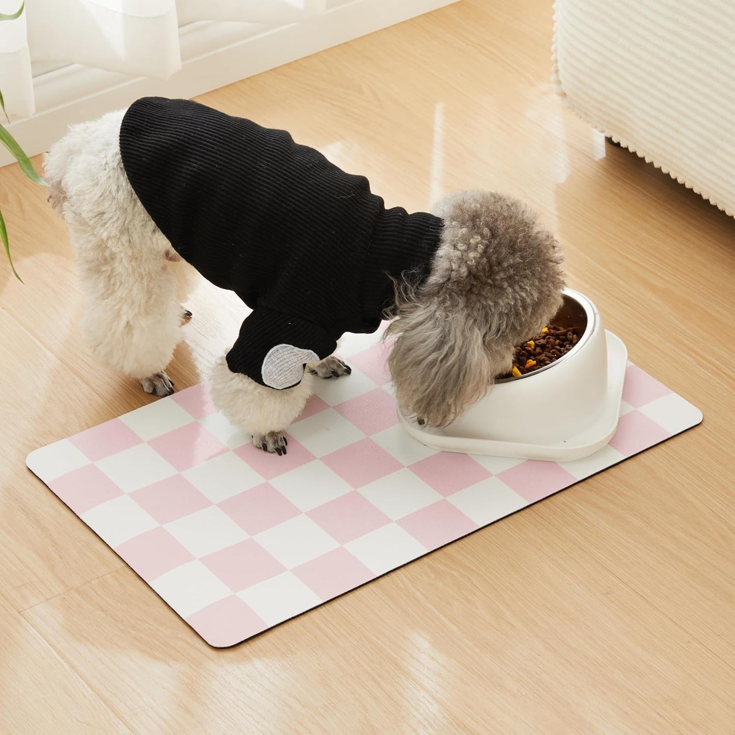 Checkered Dog Feeding Mat, Absorbent Mats for Dog Food and Water Bowl, Dispenser, Retro Aesthetic Khaki Beige Checkerboard Pet Placemat for Dogs, Cats, Puppy Accessories, 12" X 19”