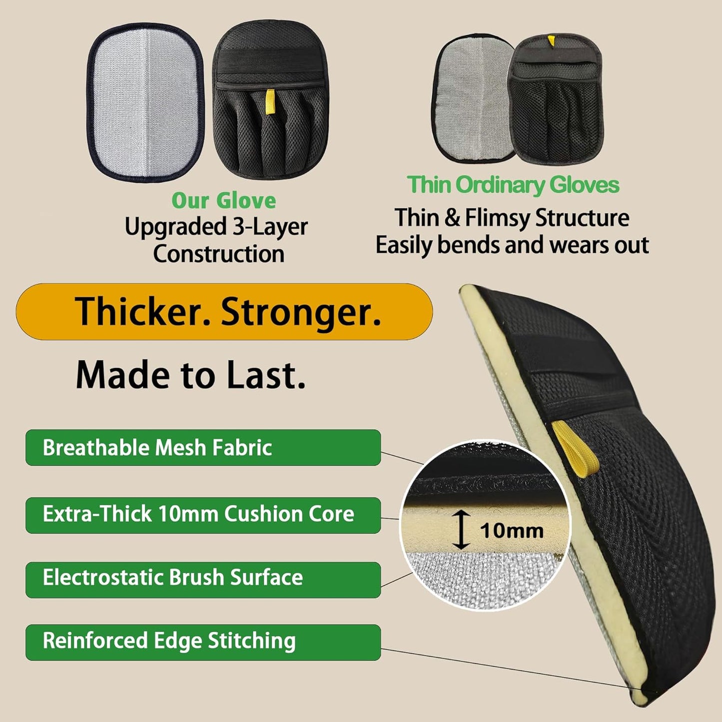 Pet Hair Removal Glove for Dogs & Cats- Upgraded 10mm Thickened Electrostatic Magic Brush- Pet Hair Remover Glove for Couch, Furniture, Clothes, Car & Carpet, Reusable Pet Hair Removal Tool