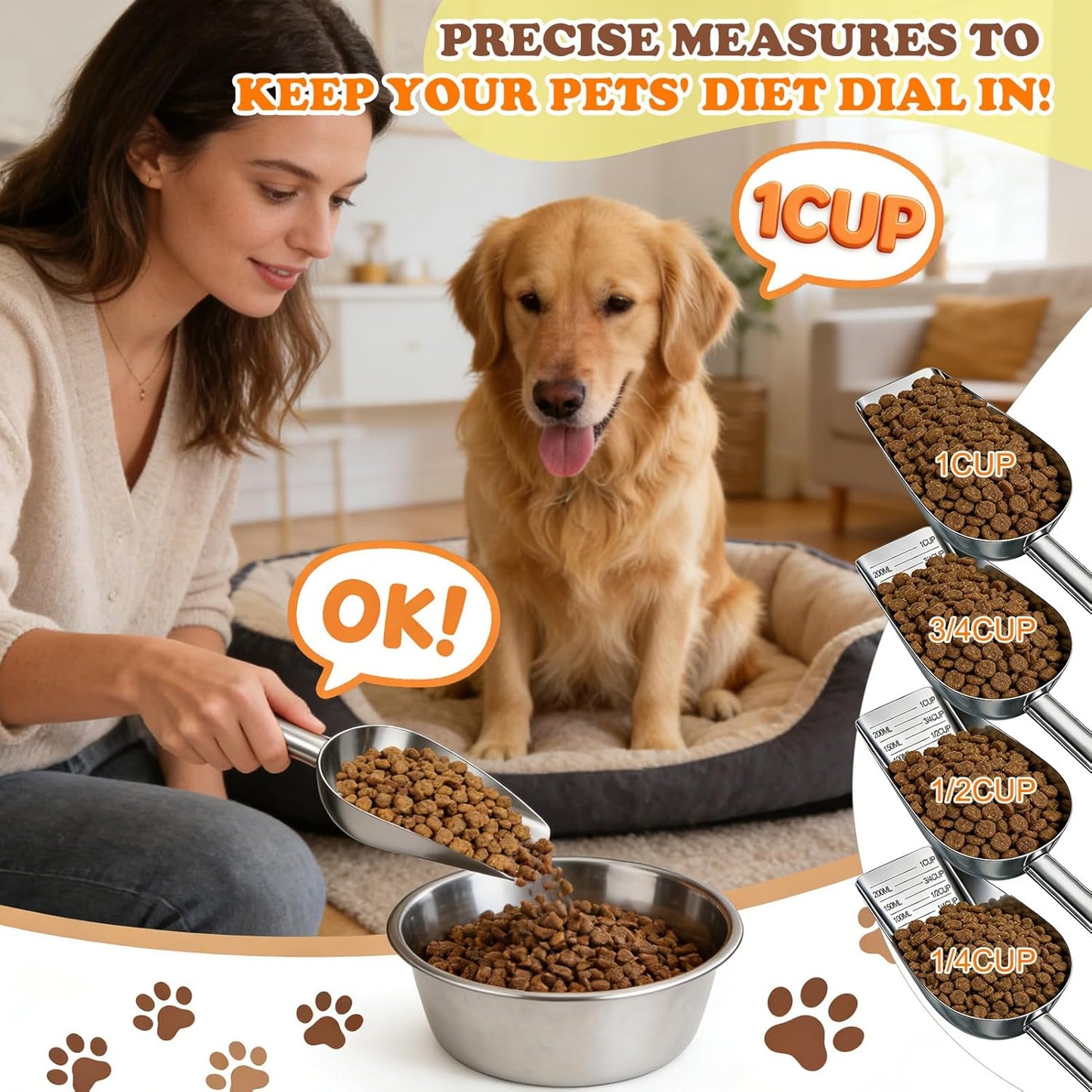 Mity rain Dog Food Scoop Stainless Steel with Long Handle, Precise Dog Food Measuring Cup 1, 3/4, 1/2, 1/4 Cup, Pet Scoop for Dogs, Cats, Rabbits, Animals, Metal Spoon for Dog Food Storage