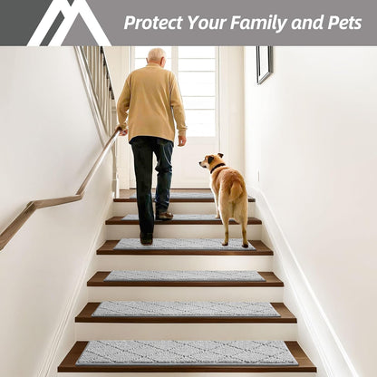 COSY HOMEER Edging Stair Treads Non-Slip Carpet Mat 28inX9in Indoor Stair Runners for Wooden Steps, Edging Stair Rugs for Kids and Dogs, 100% Polyester TPE Backing (7pc, Beige)
