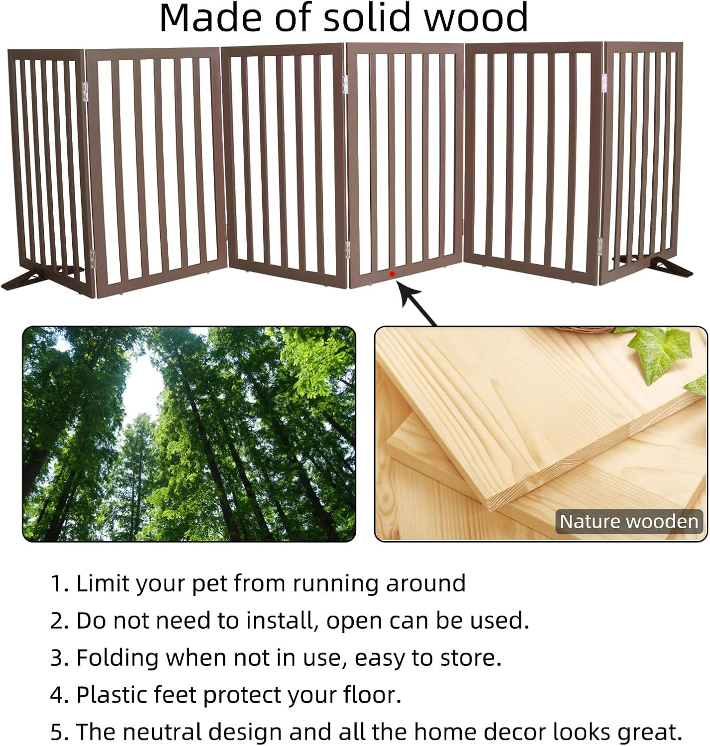 ZJSF Freestanding Indoor Dog Gate for House Foldable Wood Puppy Gate for Doorways Pet Gate for Stairs Extra Wide Pet Fence, Brown, 24" Height 3 Panels