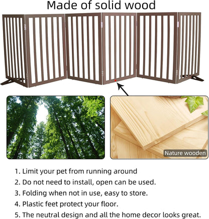 ZJSF Freestanding Indoor Dog Gate for House Foldable Wood Puppy Gate for Doorways Pet Gate for Stairs Extra Wide Pet Fence, Brown, 24" Height 3 Panels
