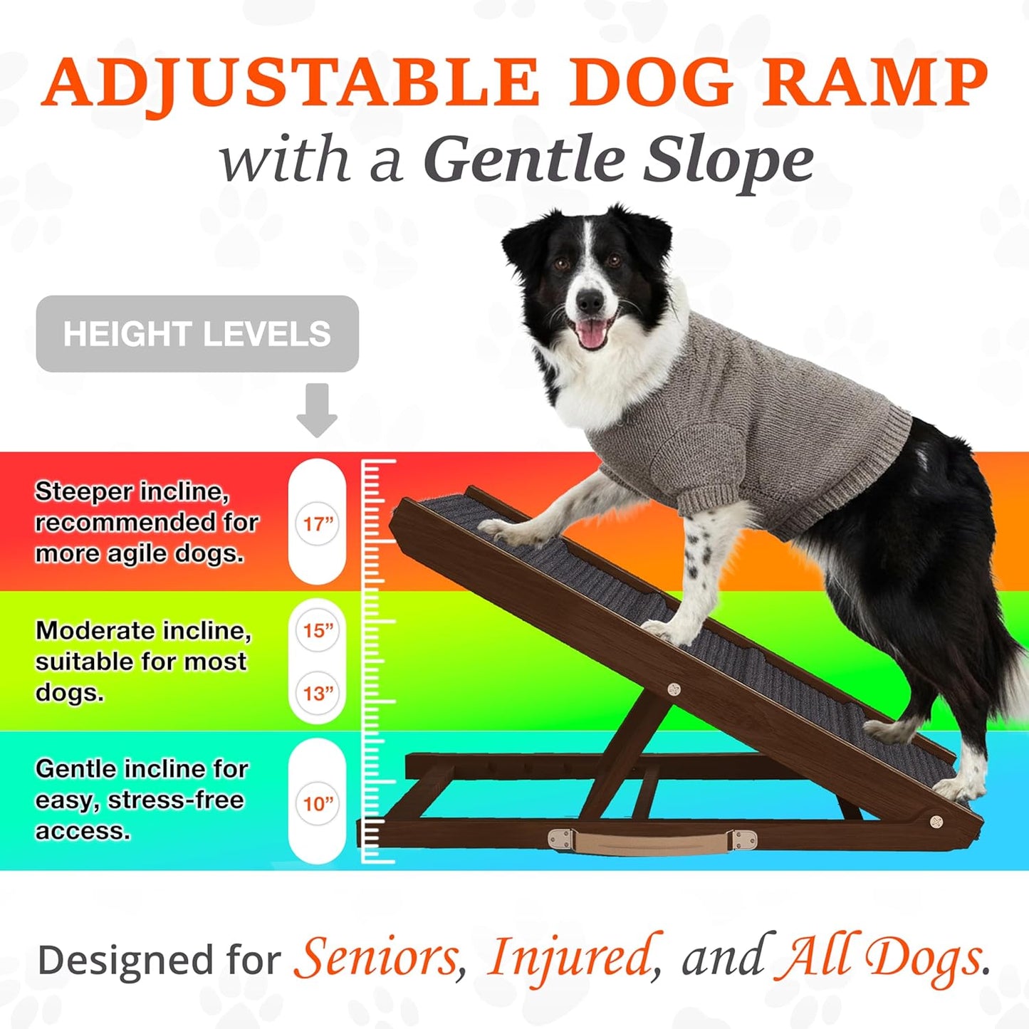 Adjustable Dog Ramp for Bed - 34" Long Foldable Wooden Ramp for Dogs to Get on Bed, Couch, or Car with 12.6" Wide Walking Space (Natural Wood with Gray Carpet)