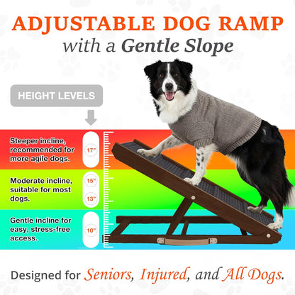 Adjustable Dog Ramp for Bed - 34" Long Foldable Wooden Ramp for Dogs to Get on Bed, Couch, or Car with 12.6" Wide Walking Space (Natural Wood with Gray Carpet)