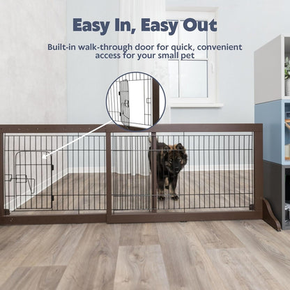 Trixie Expandable Wooden Freestanding Pet Gate, 24-in Tall Easily Step Over Barrier, Fence Expands to Fit Door Openings 25.5 to 42.5-in, Brown