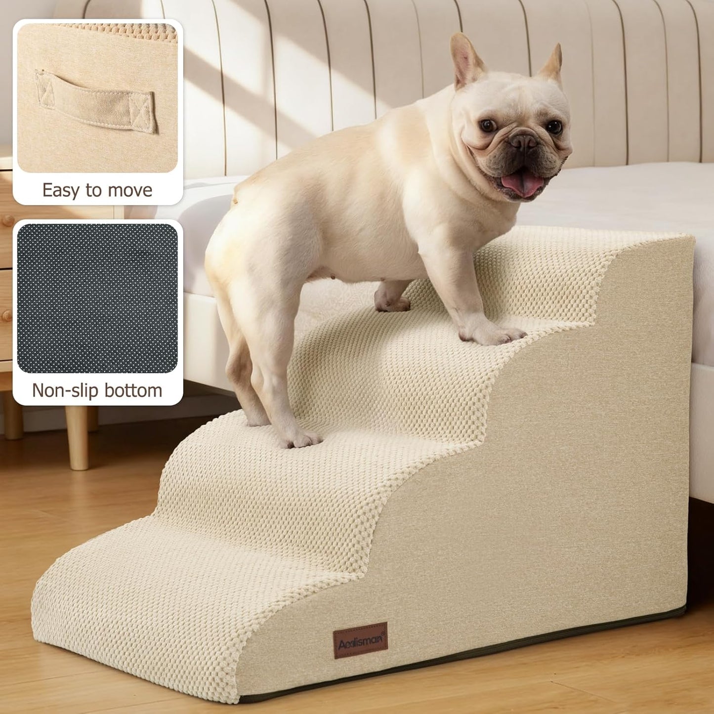 Aodisman Dog Ramp and Stairs for Small Dogs & Cats,3-Step Pet Stairs for Couch Sofa and Chair,Indoor Anti-Slip Dog Stairs for Old Cats and Puppy,Beige