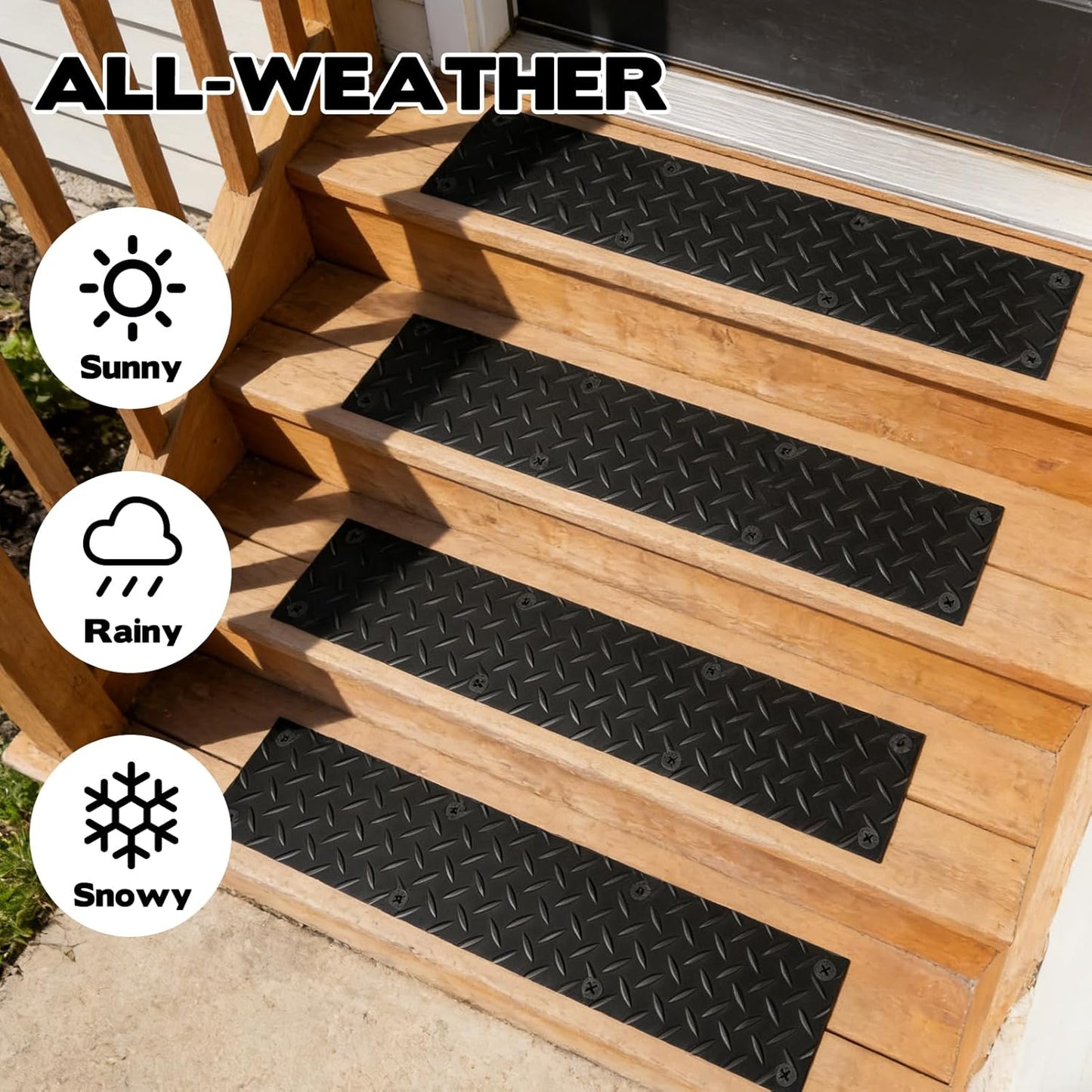 4 Pack Rubber Outdoor Stair Treads for Wooden Steps 30” x 5” Anti-Slip Step Mat Screw Down Waterproof Non Slip Stair Grips Strips for Stairs Garage Patio Dogs Walkways Rainy and Snowy Days