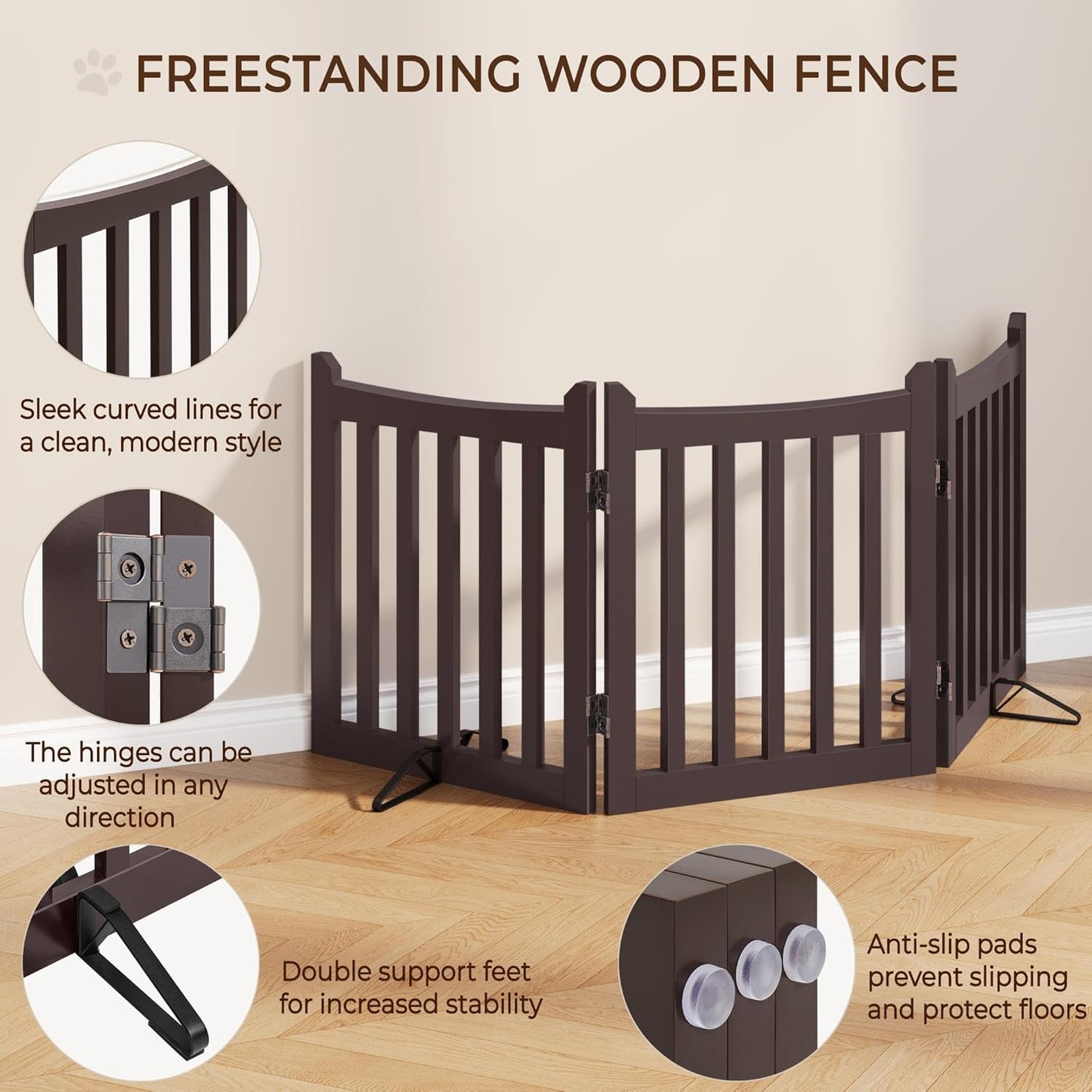 Yaheetech Freestanding Pet Gate 3-Panel Wooden Dog Fence with 2 Support Feet Folding Dog Gate for Indoor, Stairs, Doorways, Halls, Kitchen Wooden Pet Barrier White 36" H