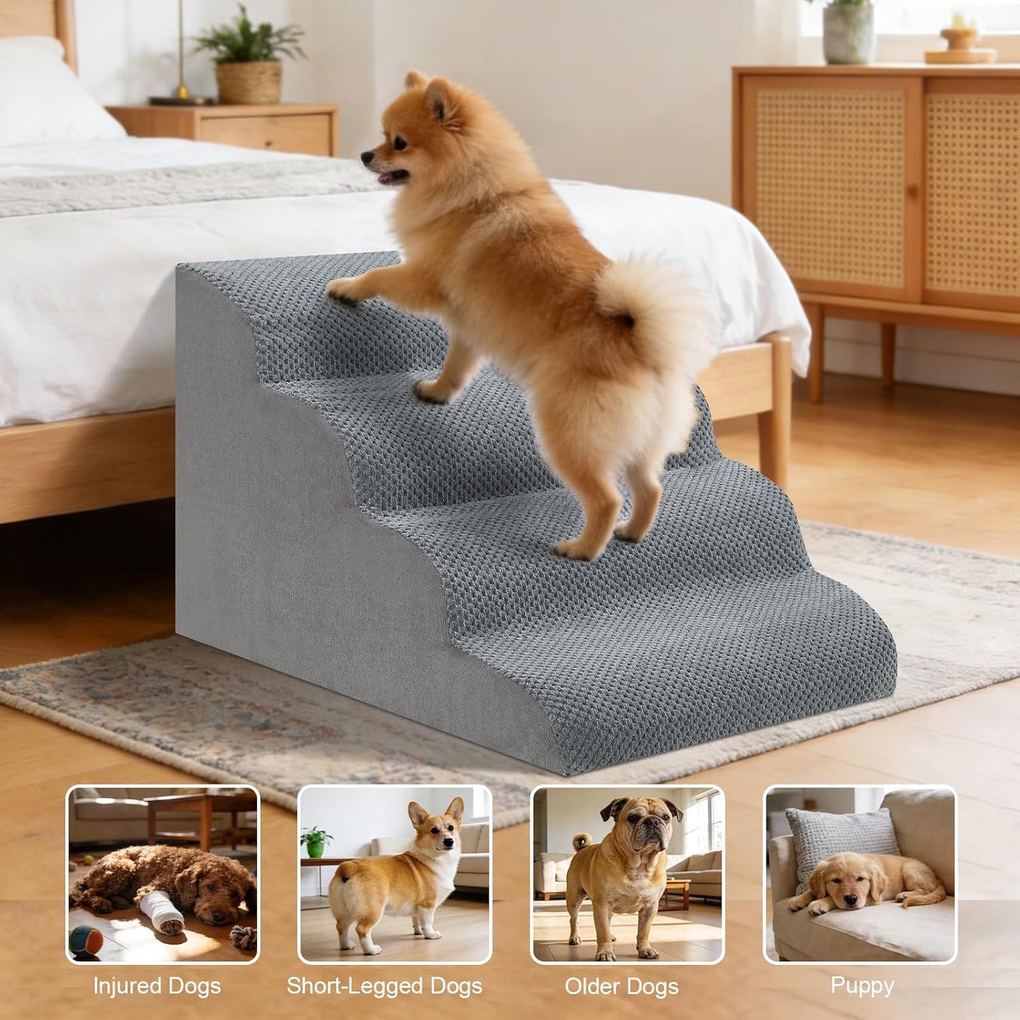 Dog Stairs for Couch, 3 Steps 13.8" H Non-Slip Pet Stair, Balanced Stable Pet Ramp for Small Dogs, Indoor Furniture Step, Gray