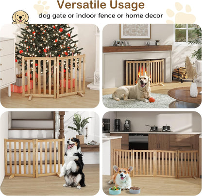 36" Height Extra Tall Freestanding Pet Gate, Solid Wood Folding Safety Fence Wooden Dog Gate with 2 PCs Support Feet Ideal for Stairs, Doorways, Halls, Kitchens, Heavy Duty Gates, 3 Panels, Oak