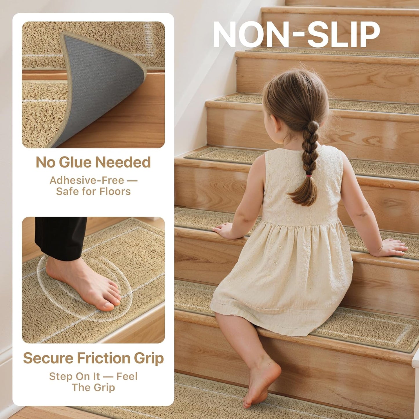 sarben Non Slip Stair Treads for Wooden Steps 15PCS - 8"x30" Indoor Safety Carpet, Edging Mats with TPE Adhesive Backing, Pet and Elderly Friendly Stair Rugs (Taupe) - Colors A
