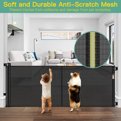 96 Inch Wide Reinforced Retractable Baby Gate with Support Rods, Extra Long Dog Gate Retractable Gate Outdoor Gates for Decks, Prevent Crawling Under Extra Long Baby Gates for Large Openings, Black