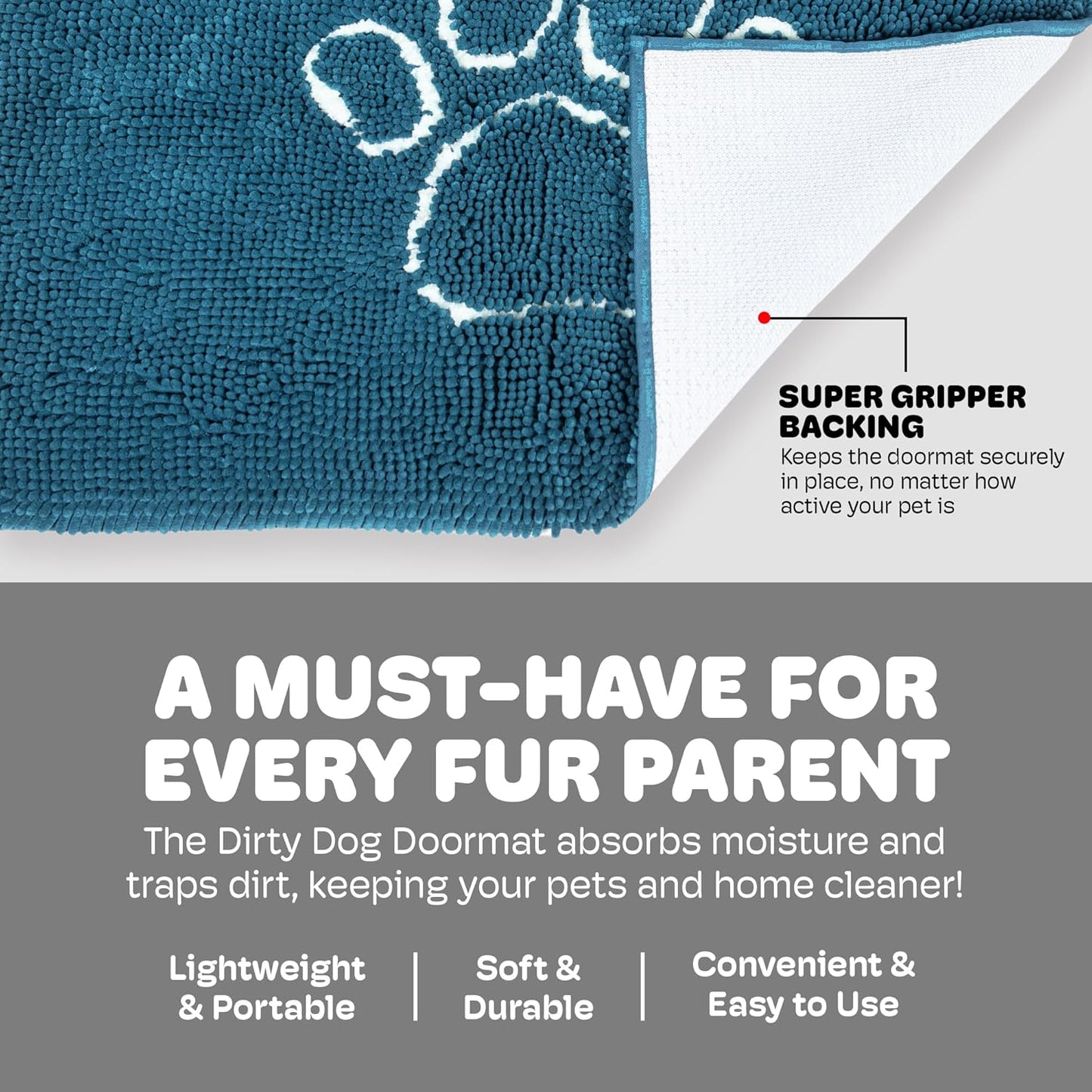 Dog Gone Smart Dirty Dog Doormat - Fast Drying Rug with Super Gripper Backing for Clean Floors - Super Absorbent and Machine Washable Mat for Muddy Paws - Grey