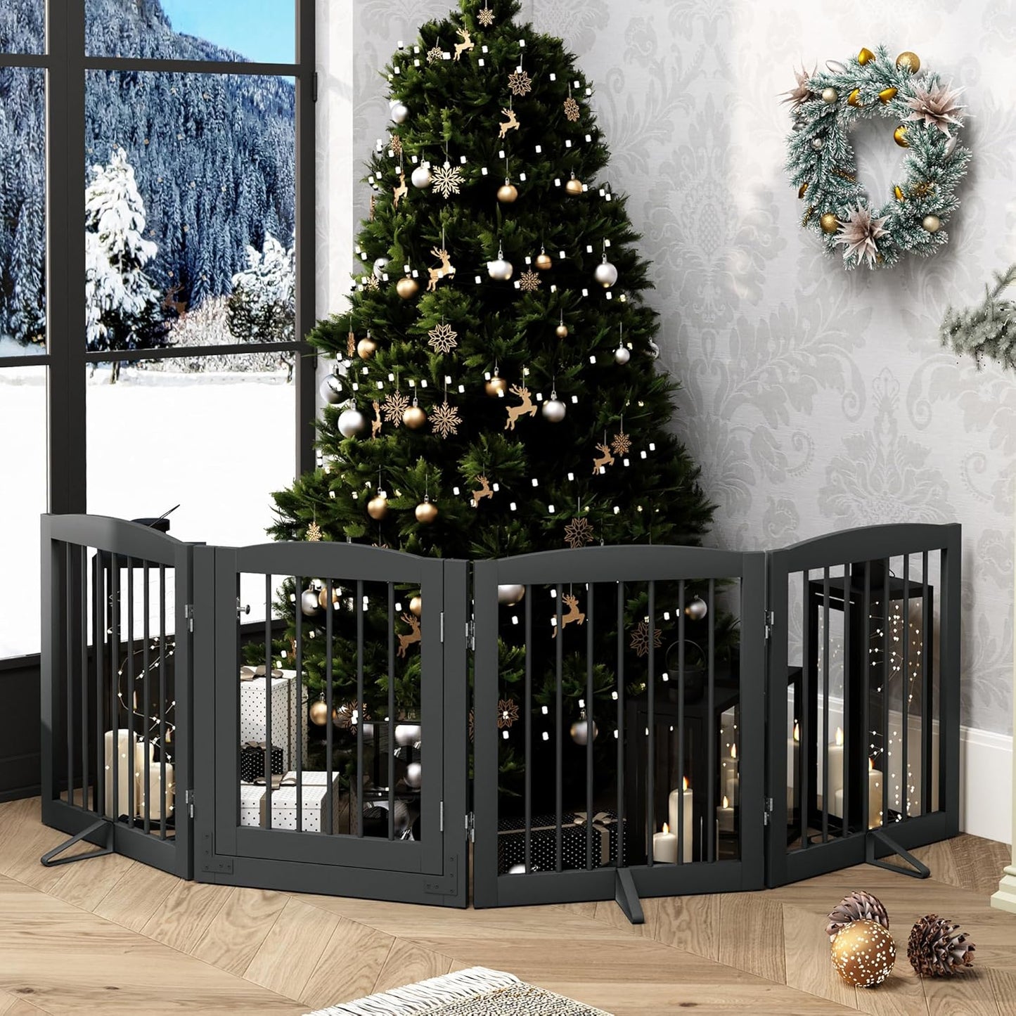 PUPETPO Freestanding Dog Gate with Door, Pet Gate for Stairs, 80 inch Wide Pet Barrier Indoor, Dog Fences Indoor, Support Feet Included, 4 Panels, 24" Tall, Dark Brown