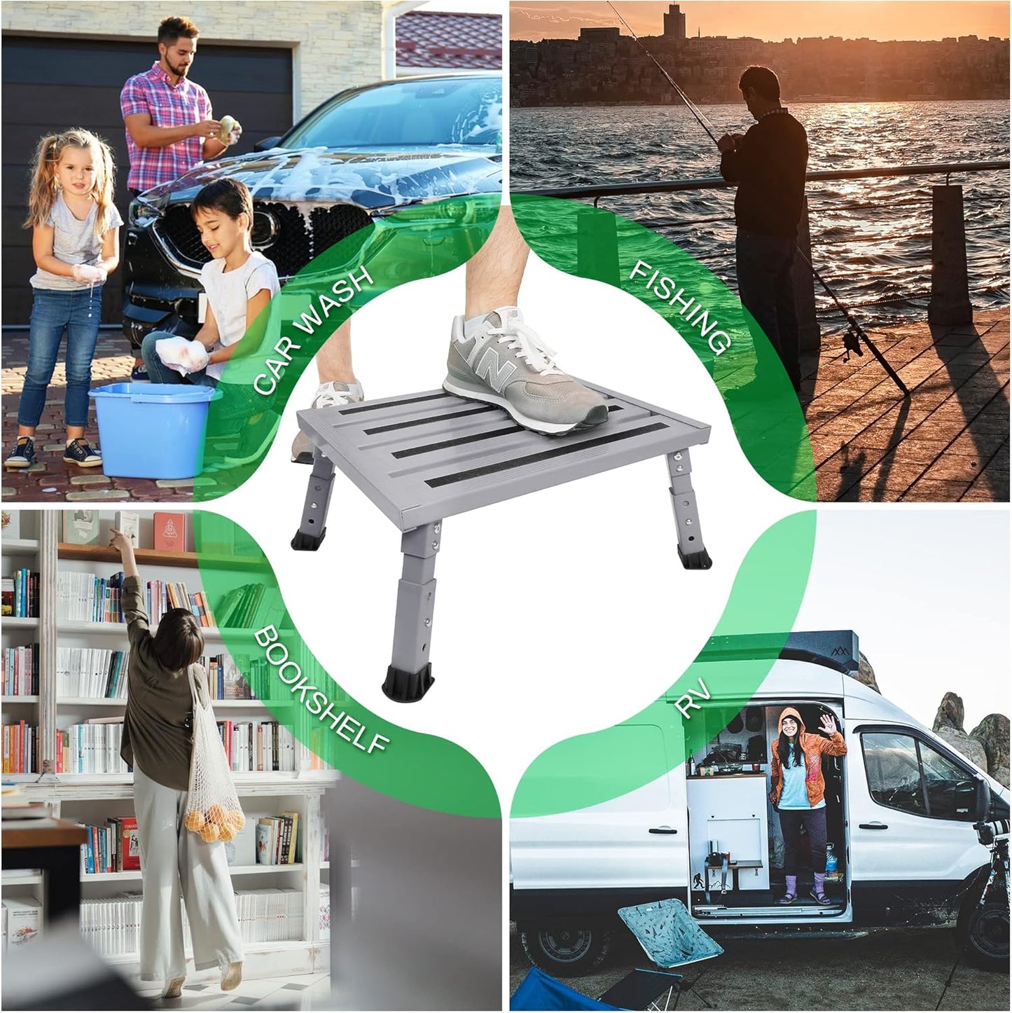 Adjustable Height Aluminum RV Step, Stable Foldable Platform Step Stool, Supports Up to 1,000 lb, Non-Slip Rubber Feet and Platform Mat, Easy to Carry (Black)
