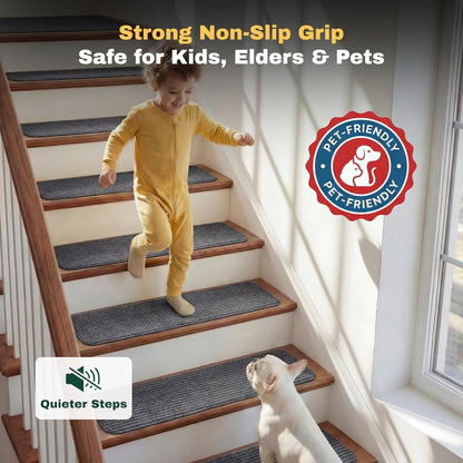 MBIGM 8" X 30" (15 in Pack) Nonslip Carpet Stair Treads Non-Skid Safety Rug Slip Resistant Indoor Runner for Kids Elders & Pets with Reusable Adhesive - Brown - Non Slip Stair Treads Indoor