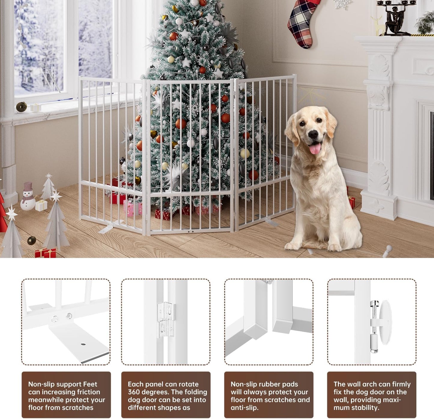 4 Panels Full Metal Freestanding Dog Gates with Door, 80” W x 32” H Folding Pet Gate Fence with Support Feet for Indoor,Stairs, Hallways and Doorways(Black)