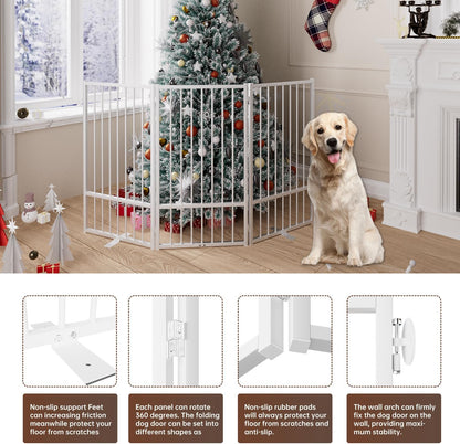 4 Panels Full Metal Freestanding Dog Gates with Door, 80” W x 32” H Folding Pet Gate Fence with Support Feet for Indoor,Stairs, Hallways and Doorways(Black)