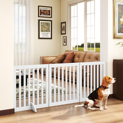 PUPETPO 24”H Freestanding Wooden Pet Gate, Dog Gate for Stairs, Doorways, and Hallways, Step Over Foldable Pet Fence for Indoor Use, Support Feet Included, 60 inch Wide 3 Panels, Grey