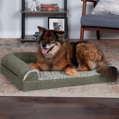 Furhaven Memory Foam Dog Bed for Large Dogs w/ Removable Bolsters & Washable Cover, For Dogs Up to 95 lbs - Two-Tone Plush Faux Fur & Suede L Shaped Chaise - Espresso, Jumbo/XL